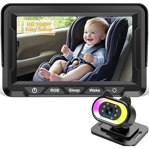 Baby Car Camera for Backseat – HD 1080P, 150° Wide Angle, Night Vision, Easy Installation, Adjustable LED Light, 4.3” LCD Display, Anti-Glare