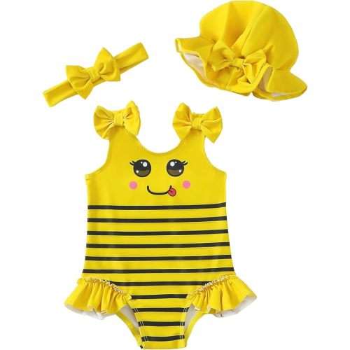 SODLON Baby Girl Swimsuit Infant One-Piece Bathing Suit Cute Summer Beach Tankini Bikini Ruffle Bow Toddler Swimwear with Hat