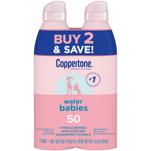 Coppertone WaterBabies Sunscreen Spray SPF 50, Baby Sunscreen, 6 Oz Pack of 2