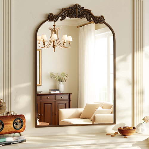 "BEAUTYPEAK 38""x24"" Bronze Modern Wall Decor Mirror, Arched Metal Vintage Bathroom Mirror"