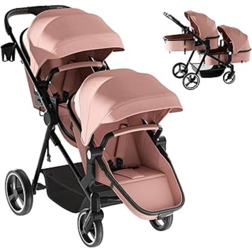 MU Double Stroller, Foldable Twin Tandem Stroller with Adjustable Backrest, Reversible Seat, 5-Point Harness, Storage Basket, Convertible Baby Bassinet for Infant and Toddler, Pink