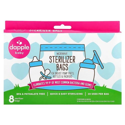 Dapple Baby Microwave Sterilizer Bags, Reusable for Breast Pump Parts & Baby Bottle, 20 Uses Per Bag, Great for Travel & Office, 8 Count (Pack of 1)