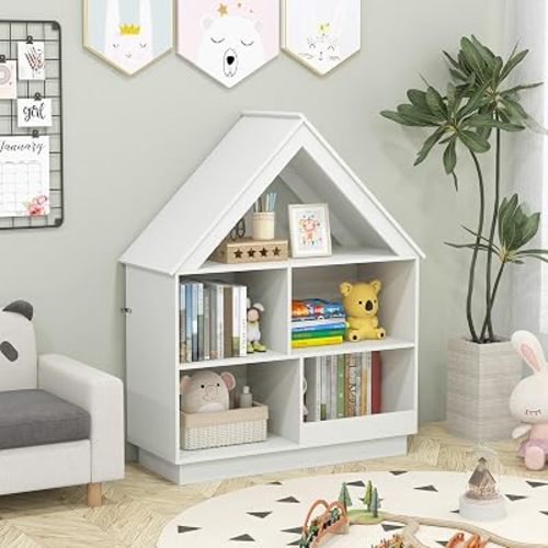 GLACER Dollhouse Bookshelf, Wooden House Shaped Shelf with 3-Tier Storage