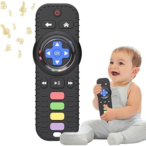 Fu Store Silicone Baby Teether Toys for 0-12 Momths 3-24 Months Infant Toddlers TV Remote Control Rattle Teethers for Babies Chew Toys Teething Relief Soothe Babies Gums, Black