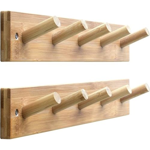 SKOLOO Wooden Wall Mounted Coat Rack,16'' Hole to Hole, 5 Pegs Bamboo Wall Hook for Hanging Clothes Robes Towels Hats,Natural Gold
