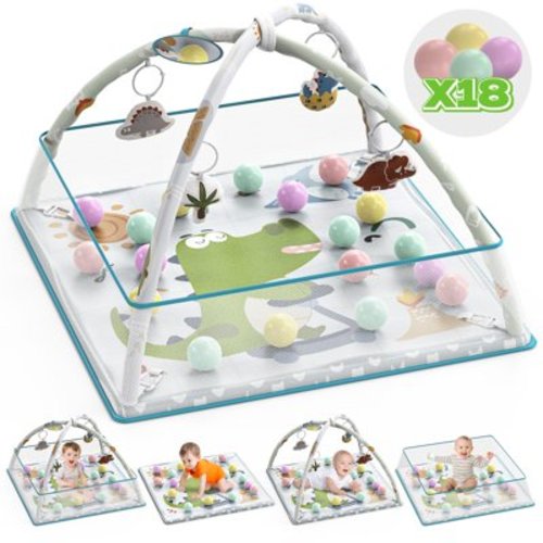WonderStone 5-in-1 Baby Gym & Play Mat, Tummy Time Toys with Sensory Toys & 18 Balls for Newborns and Infants 0-12 Months, Dinosaur