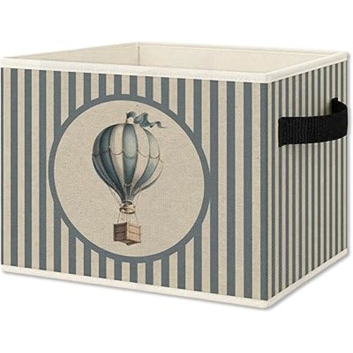 Hot Air Balloon Boy Storage Bins Box with Handles, Kids Decor for Boys, Blue Striped Balloon Collapsible Organizer Basket for Kids Nursery Room Bedroom Playroom Toys Books