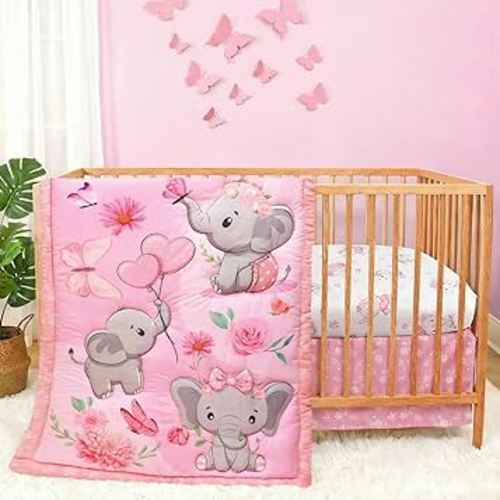 Baby Girl Crib Bedding Set Pink Elephant Crib Nursery Comforter Bed Sets Decor with Fitted Crib Sheet, Comforter and Bed Skirt for Boys Girls (Elephant)