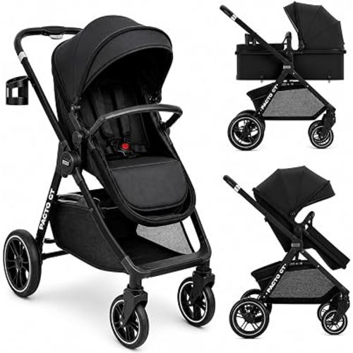 DrBash 2-in-1 Baby Stroller, Convertible Reversible Seat, Compact Fold, All-Terrain Wheels, Large Canopy, Newborn to Toddler Portable Baby Stroller with Storage Basket & Accessories (DARK GREY)