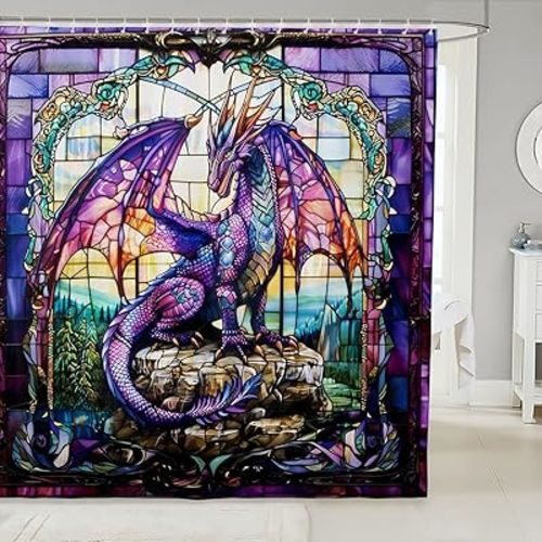 Purple Dragon Shower Curtains,Pine Mountain Natural Rustic Farmhouse Bathroom Curtains for Boys Girls Men,Western Dragon Magical Animal Trippy Waterproof Curtains,12 Hooks Suits,72" W x 78" L