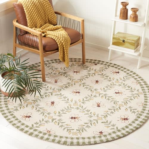 SAFAVIEH Chelsea Collection 5'6" Round Ivory / Green HK55A Hand-Hooked French Country Wool Area Rug