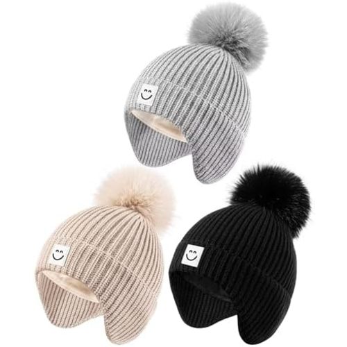 3 Pack Baby Winter Hats with Earflaps, 2 Size Kids Pom Pom Beanie for Infant Toddler Children, Smiley Face Hat for Girls Boys