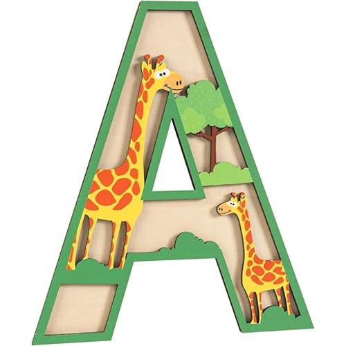 3D Layered Safari Nursery Wooden Letters for Wall Decor, 11.8" Green Large Baby Name Sign for Nursery, Animal Wood Alphabet Letter A Kids Room Initials for Front Door Shelf Home Decorations