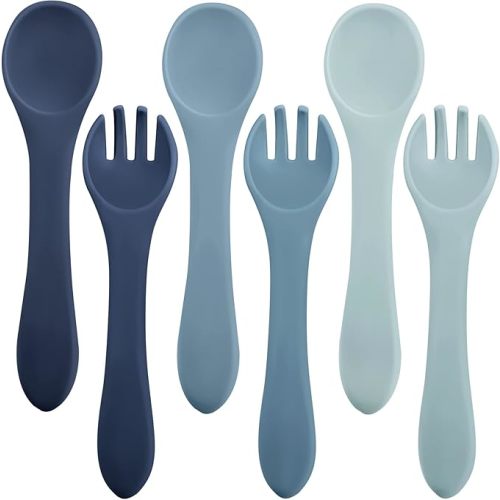 Nuenen 6 Pieces Silicone Baby Feeding Forks and Spoons Set Hot Safety First Stage Self Feeding Supplies Mini Kids Utensils for over 6 Months Babies Boy Girl Toddlers First Foods (Ocean Color)