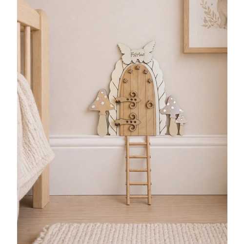 Enchanted Fairy Door Wall Decor with Ladder – Neutral Nursery Decoration – Wooden Fairy Garden Door