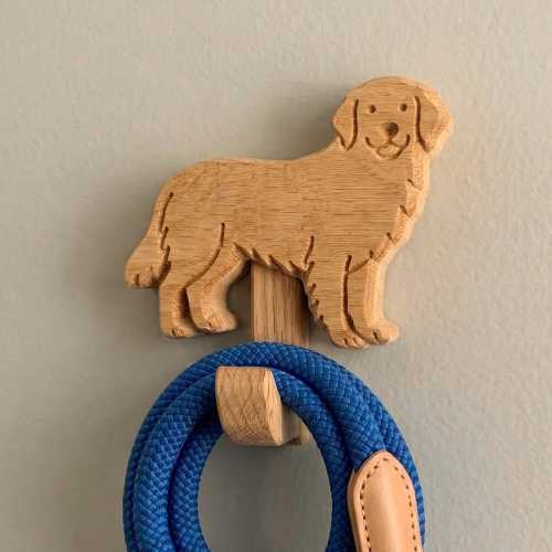 Golden Retriever Wall Hook | Solid Oak Dog Leash Holder | Handmade Gift for Dog Mom Dad | Entryway Coat Hanger Pet Decor