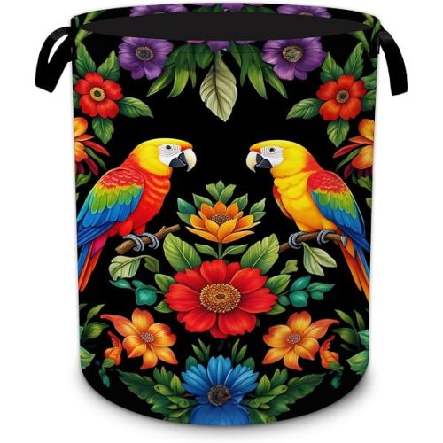 Tropical Floral Parrots Foldable Laundry Basket with Handles,Retro Birds Oxford Clothes Hamper, Decorative Portable Storage Basket for Bedroom Bathroom Dorm Laundry Room