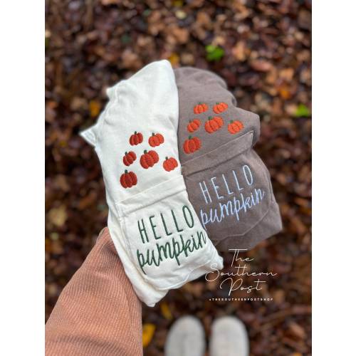 HELLO Pumpkin Embroidered Tee -- SHORT Sleeve, Comfort Colors Pocket Tee
