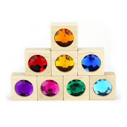 8 piece Large Bright Gem Building Block Set: Solid Hard Maple Wooden Jewel Unit Blocks for Creative Play & Learning