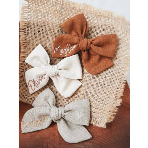 Hand Embroidered Linen Baby Bow: Personalized Name, Keepsake Gift