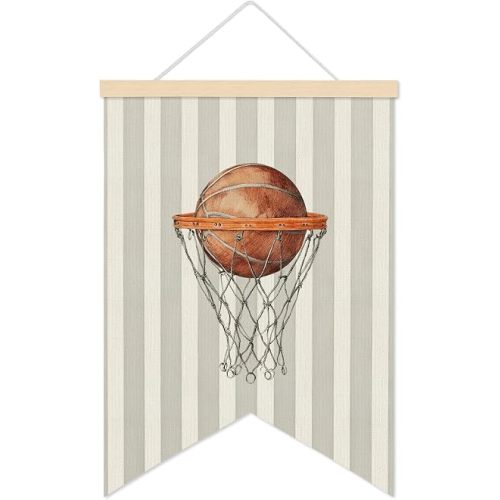 LARNDUMAMA Boys Room Basketball Wall Canvas Banner, Vintage Sports Wall Art Decor, Basketball Hanging Banner Decor for Playroom Nursery Boys Room, Striped Sports Kids Wooden Poster Frames, 12x16 Inch