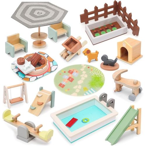 HAPGFS Wooden Doll House Furniture and Accessories Outdoor Play Set for Kids- Includes Slide, Swing, BBQ Grill, Pool & Garden - Perfect Doll House Decor Gift for Children 3-6 Years Birthday Christmas
