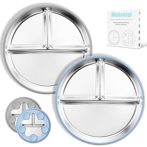 Stainless Steel Baby Plate with Suction, 23CM” Divided Toddler Plates with Removable Silicone Sleeves for Kids, Unbreakable Dishwasher Safe Dinnerware Set of 2 (Suction- Blue & Gray)