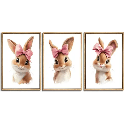 3 Pcs Nursery Bunny Wall Art Cute Animal Wall Decor Pictures Bunny Smile Wear Pink Bow Canvas Posters Prints for Boys and Girls Nursery Baby Room Bedroom Hone Decoration 12x16in Unframed