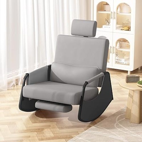 U-MAX Rocking Chair Nursery, Glider Rocking Recliner Nursery Chair with Retractable Footrest & Adjustable Backrest, Nursing Rocker Chair for Living Room, Leather Grey