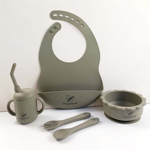SnuggleLeaf Silicone Baby Feeding Set - BPA Free, Waterproof Silicone Infant Bib, Complete Kid's Mealtime Kit with Suction Bowl, 5 Piece
