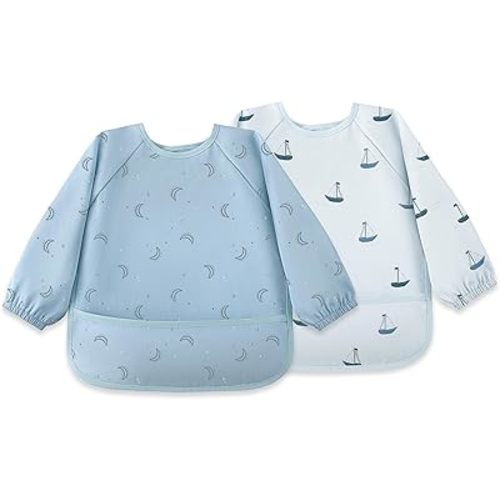 Susurration Baby Long Sleeve Bib 2 Pack Waterproof Sleeved Bib Smock for Baby, Baby Reusable Feeding bibs, 6-36 Months Baby Feeding Essentials - Blue Boat
