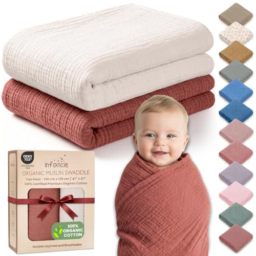 100% Organic Cotton 2 PK Muslin Baby Blanket Unisex 47x47 Inch | Oeko-TEX Certified, Swaddling Blanket, Baby Girl Blankets, Swaddle Blankets, Rust/Ivory, Unisex Design, Breathable weave