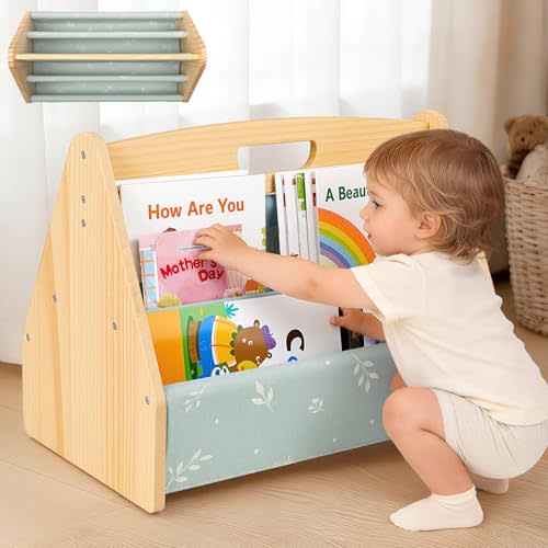 Wood Toddler Kids Bookshelf, Double-Sided, Montessori Bookshelf | Front Facing Display Baby Book Rack, Portable Handle, 4-Tier Deep Sling, Easy Assembly for Nursery, Playroom, Reading Corner