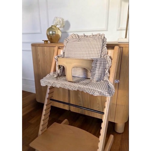 Waterproof Ruffle Vichy Gingham Cushion Set for Stokke Tripp Trapp Highchair- beige
