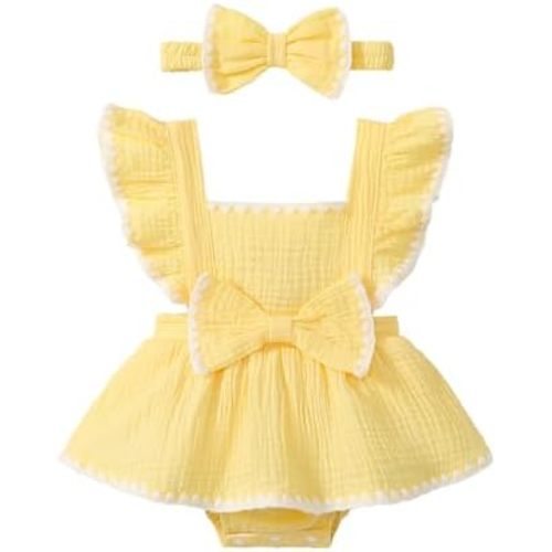 Baby Girl Summer Clothes Ruffle Sleeve Cotton Linen Romper Dress Infant Girls Lace Trim Bodysuit with Headband