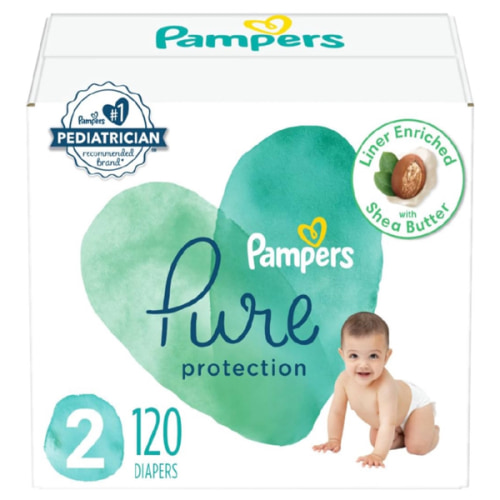 Pampers Baby Diapers - Pure Protection - Size 2, 120 Count, for up to 100% Leakproof, Premium Plant-based Skin Protection