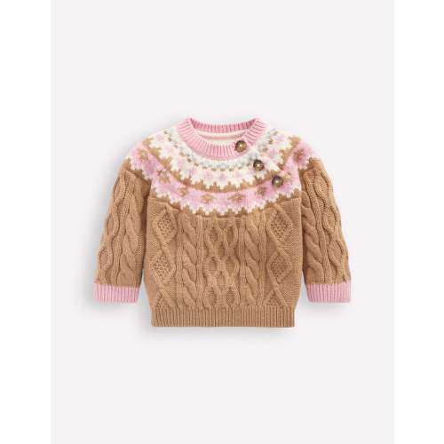Girls Fair Isle Cable Sweater-Camel Melange Fair Isle