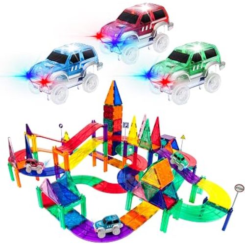 PicassoTiles 128pcs Magnetic Race Car Track Building Block Educational Toy Set Tiles Magnet Playset 3 LED Car STEM Learning Construction Kit Fine Motor Skill Training Brain Development for Kids Age3+