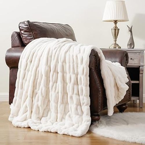 BATTILO HOME Cream Faux Fur Throw Blanket, Double Side Ruched Rabbit Fur Blanket for Couch, Bed, Super Soft Cozy Fuzzy Mink Blanket, 50"x60"(Ivory)
