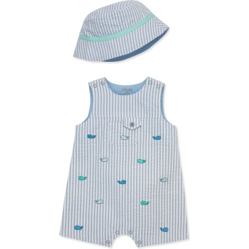 Baby Whales Cotton Seersucker Romper & Hat Set, Grey