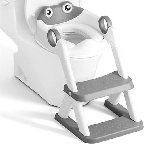Potty Training Seat, Upgrade Toddler Toilet Seat for Kids Boys Girls, 2 in 1 Potty Training Toilet, Splash Guard Anti-Slip Pad Step Stool(Grey-Frog)