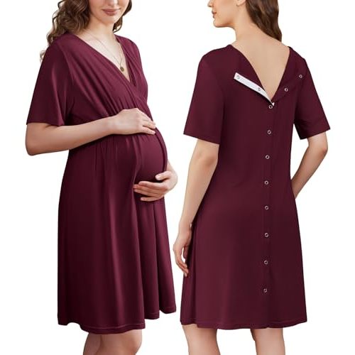 Ekouaer Labor and Delivery Gown for Hospital Short Sleeve Maternity Nursing Dress Nightgown with Button S-XXL