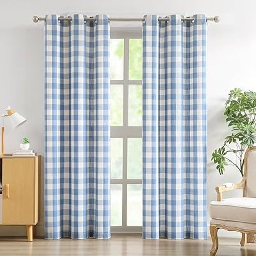 Amzdecor Buffalo Plaid Grommet Curtains 95 Inch Length, Light Filtering Semi-Sheer Check Linen Textured Curtains Drapery for Living Room Bedroom Farmhouse,2 Panels （40" x 95", Dusty Blue & Beige）