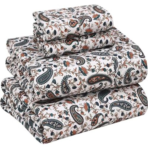 RUVANTI 100% Cotton Percale Sheets Queen Size – Crisp Cooling Bed Sheets for Hot Sleepers, Deep Pocket 16”, Soft Breathable & Durable Hotel-Style 4 Piece Set, Teal Paisley