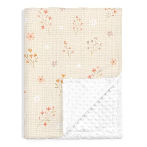 Floral Baby Blankets for Girls, Soft Nursery Minky Blankets with Muslin and Dotted Fleece Back 30x40 inches, Receiving Bed Quilt for Newborn, Infants, Toddlers