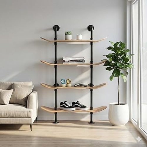 Industrial Shelves - 4 Tier Industrial Decor Pipe Bookcase Using 7 Ply Skateboard Decks - Natural Wood Stain Finish - Perfect Bathroom Wall Decor, Book Shelf for Skateboard Enthusiasts