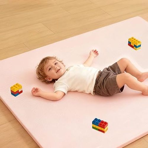 Baby Play Mat for Floor, 47"×47" Playpen Mat, 1.3" Thick Elasti-Foam, Non-Slip Crawling Mat for Tummy Time, Waterproof & Wipe-Clean Playmat for Toddler,Infant, Kids (Pink)