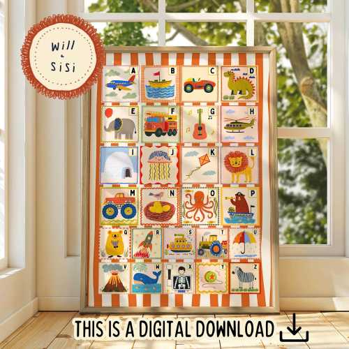 Alphabet Wall Art Kids Room Decor Educational Nursery ABC Art Playroom Learning Poster Colourful Alphabet Illustration Printable Art | 01