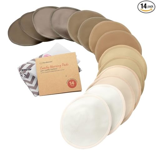 KeaBabies Organic Nursing Pads - 14 Washable Breast Pads for Breastfeeding, Wash Bag, Viscose Derived from Bamboo Reusable Nipple Covers for Breastfeeding Essentials, Soft & Absorbent (Coffee, L 5")