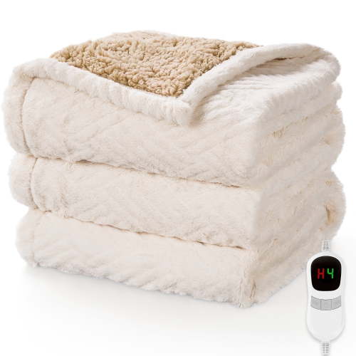 MARNUR Heated Blanket Full Size 72"x84", Jacquard Faux Fur & Sherpa Electric Blanket with 10 Heat Levels, 10H Timer, Machine Washable, White